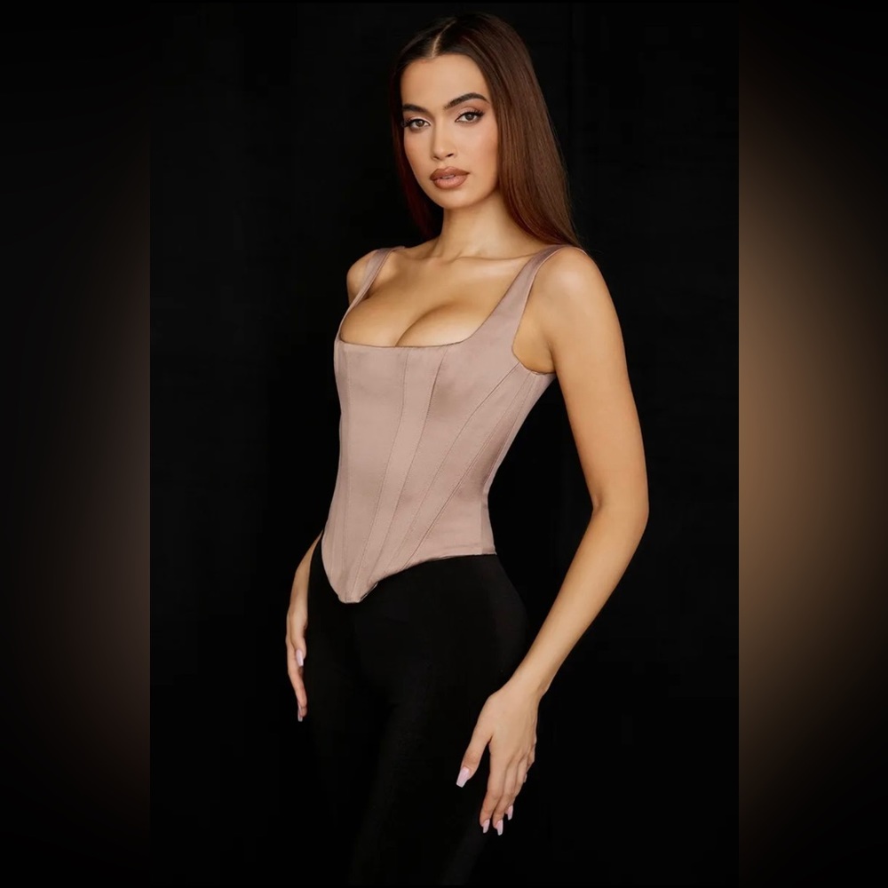 HOUSE OF CB 'Rafa' Stone Satin Longline Corset/Size M-US 6-8